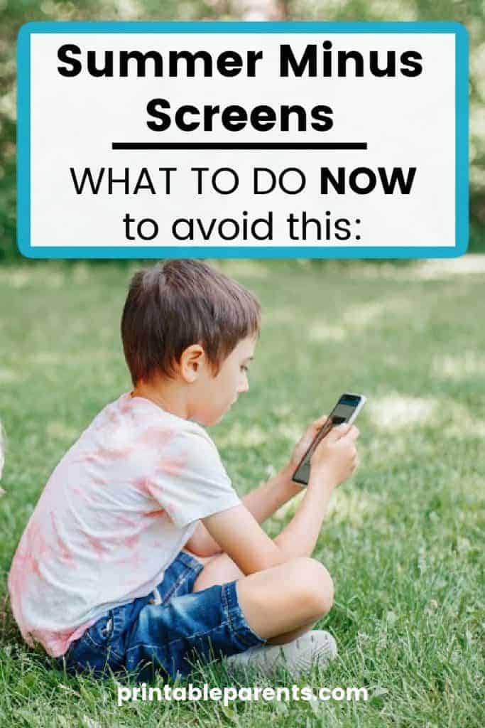 boy sitting in grass on iphone with caption summer minus screen what to do now to avoid this