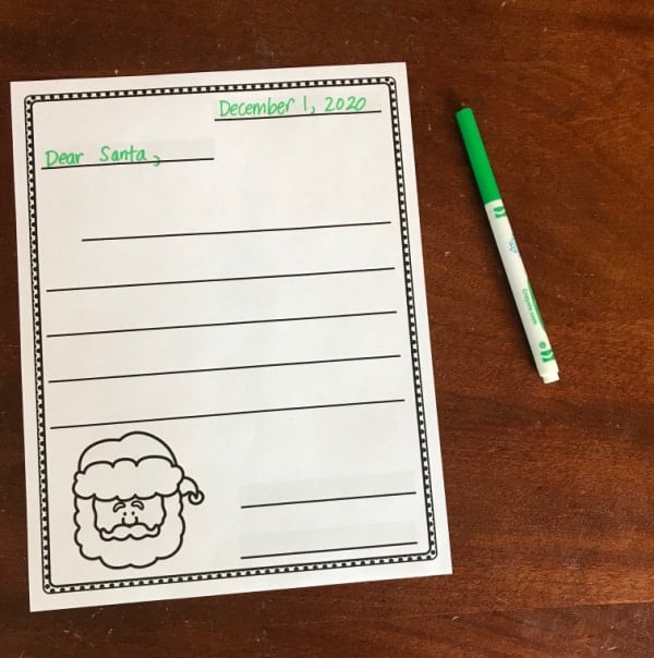 free letter to santa printable black and white with green ink for date and greeting