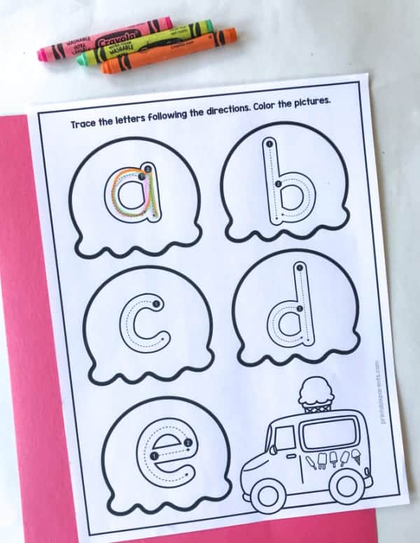 a white printable with a red piece of construction paper that has the lowercase letters a through e inside scoops of ice cream for children to practice handwriting to prevent writing difficulties
