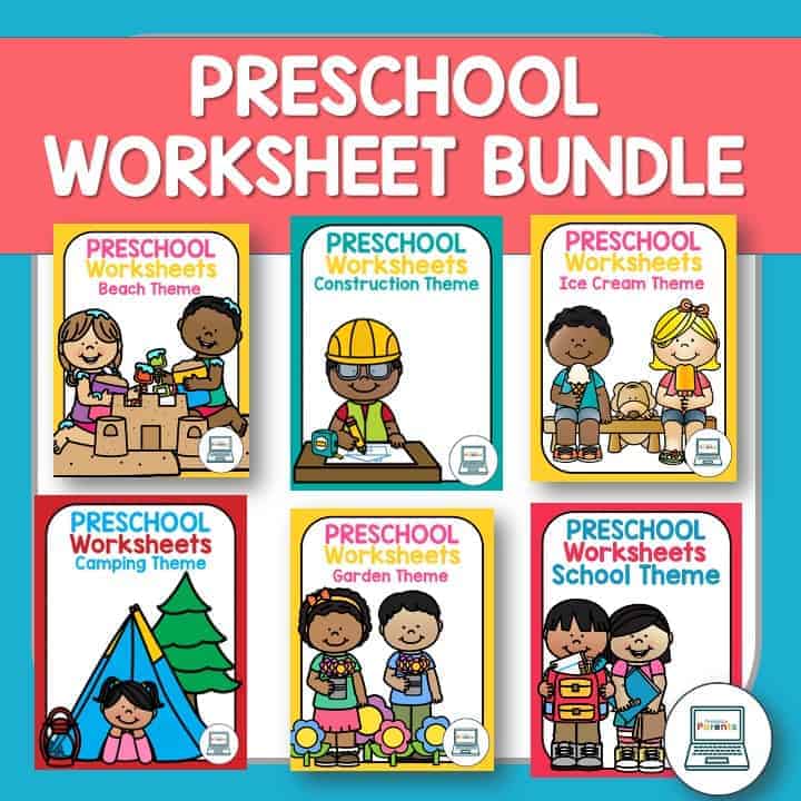 bundle of preschool worksheets - 6 themes display in collage with cartoon children beach, construction, ice cream, camping, garden, and school