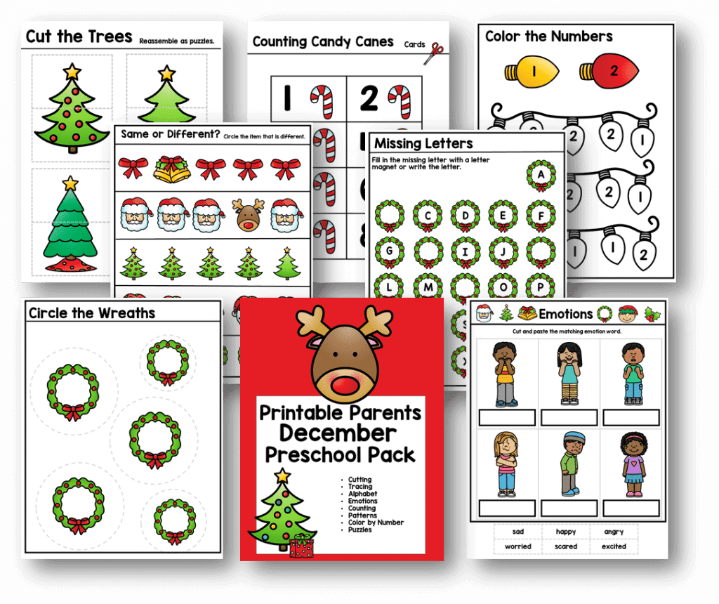 seven christmas preschool printables. Screenshot images of holiday worksheers for preschoolers. Titles read Cut the Trees, Counting Candy Canes, Color the Numbers, Same or Different, Missing Letters, Circle the Wreaths, and Emotions