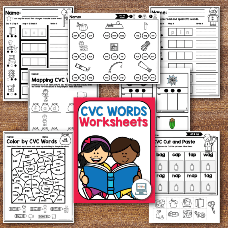 seven free CVC words worksheets on a brown background. They are screenshot images of worksheets with a red cover that has a white girl and latino boy reading a blue book together.