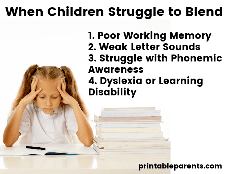 blond girl with ponytails has head in her hands next to a stack of books. Black text reads "When children struggles to blend. 1. Poor working memory. 2. Weak letter sounds. 3. Struggle with phonemic awareness. 4. Dyslexia or learning disability."