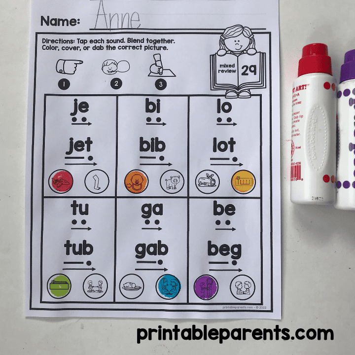 blend cvc words worksheet with red and purple do-a-dot marker