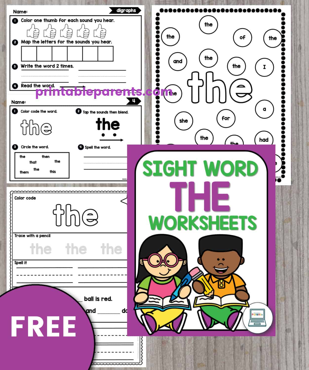 graphic reads sight word the worksheets and has three images of worksheets for the word the