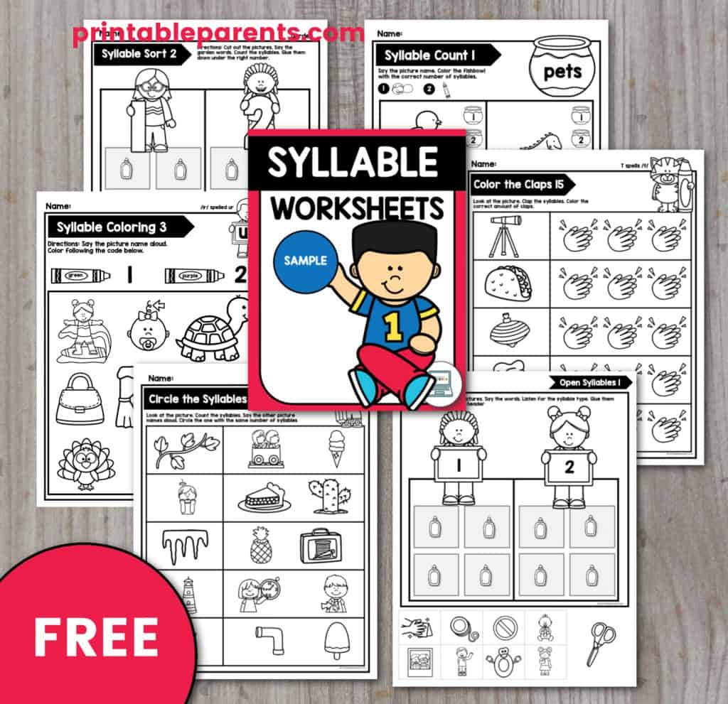 image contains screengrabs of 6 free syllable worksheets on a gray wooden backgroud. There is a red circle that reads FREE in white text. The url printableparnts.com is written across one of the worksheets.