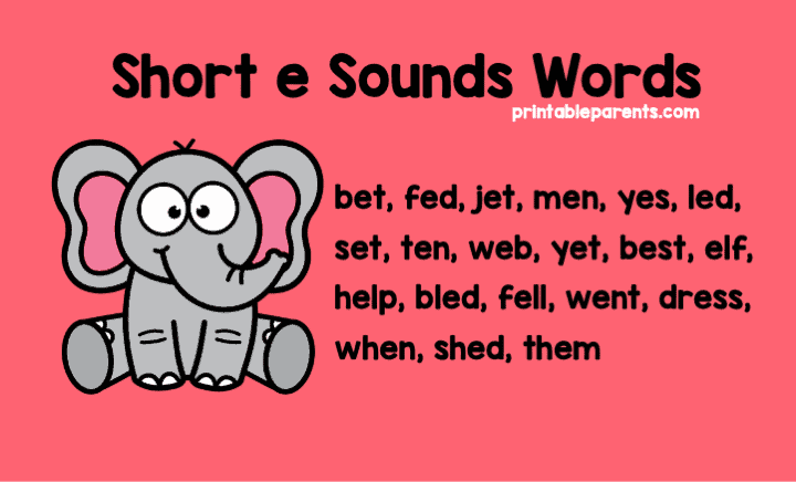 short e sounds words on a light red background. Graphic includes clip art elephant and a list of short e words.