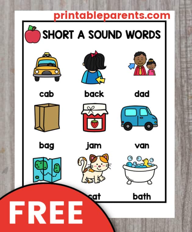 short a sounds words chart with clip art images of cab, back, dad, bag, jam, van, map, cat, and bath