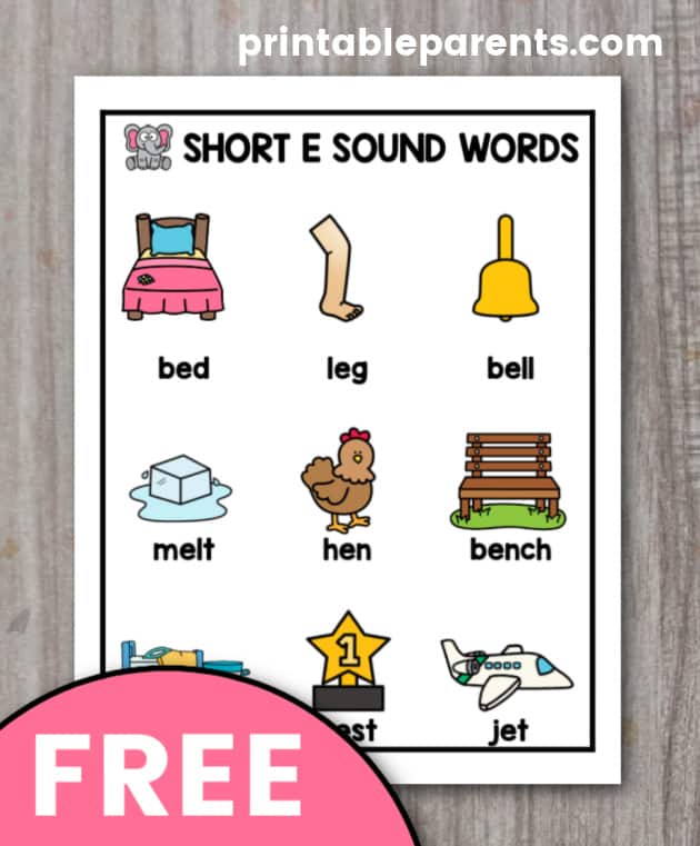 short e sound words picture chart with clip art images for bed, leg, bell, melt, hen, bench, mess, best, and jet