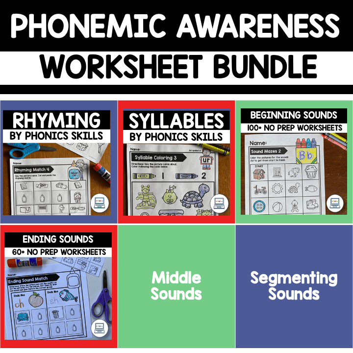 phonemic awareness worksheet bundle cover image with photos worksheets for rhyming by phonics skills, syllables by phonics skills, beginning and ending sounds. An empty green square says middle sounds and an empty purple square says segmenting sounds.