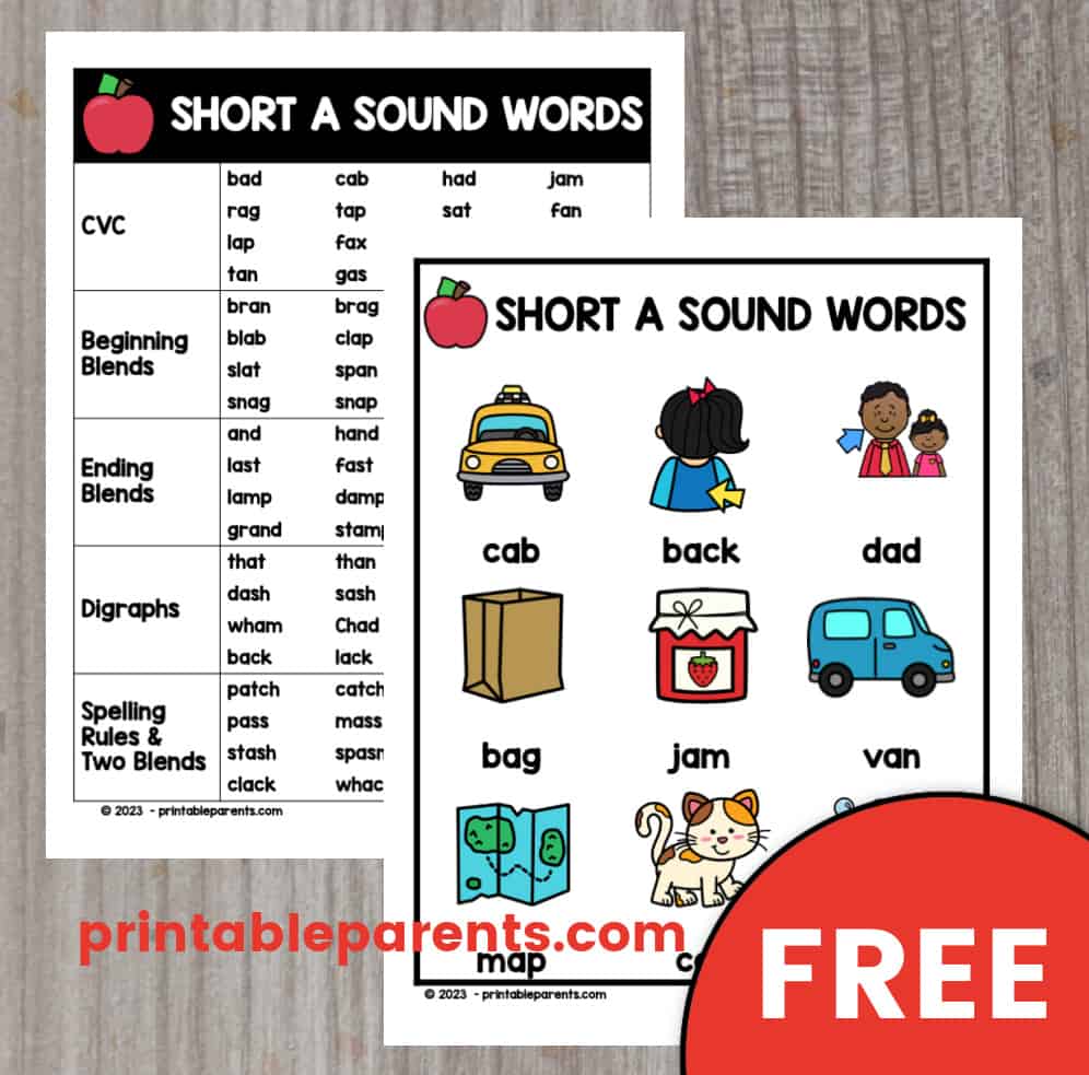 free short a sound words list and word chart with list of short a words sorted by CVC, blends, digraphs, and spelling rules.