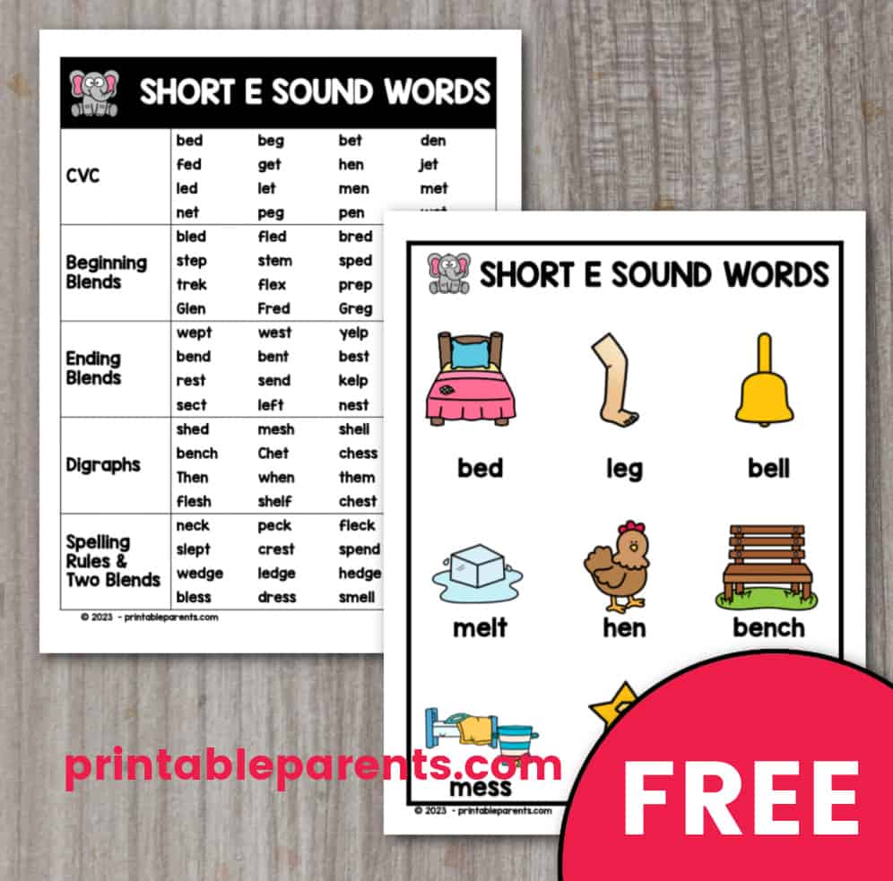 free printable short w sound words list and picture chart with words for CVC, blends, digraphs, and spelling rules. Red half circle in lower right corner says FREE