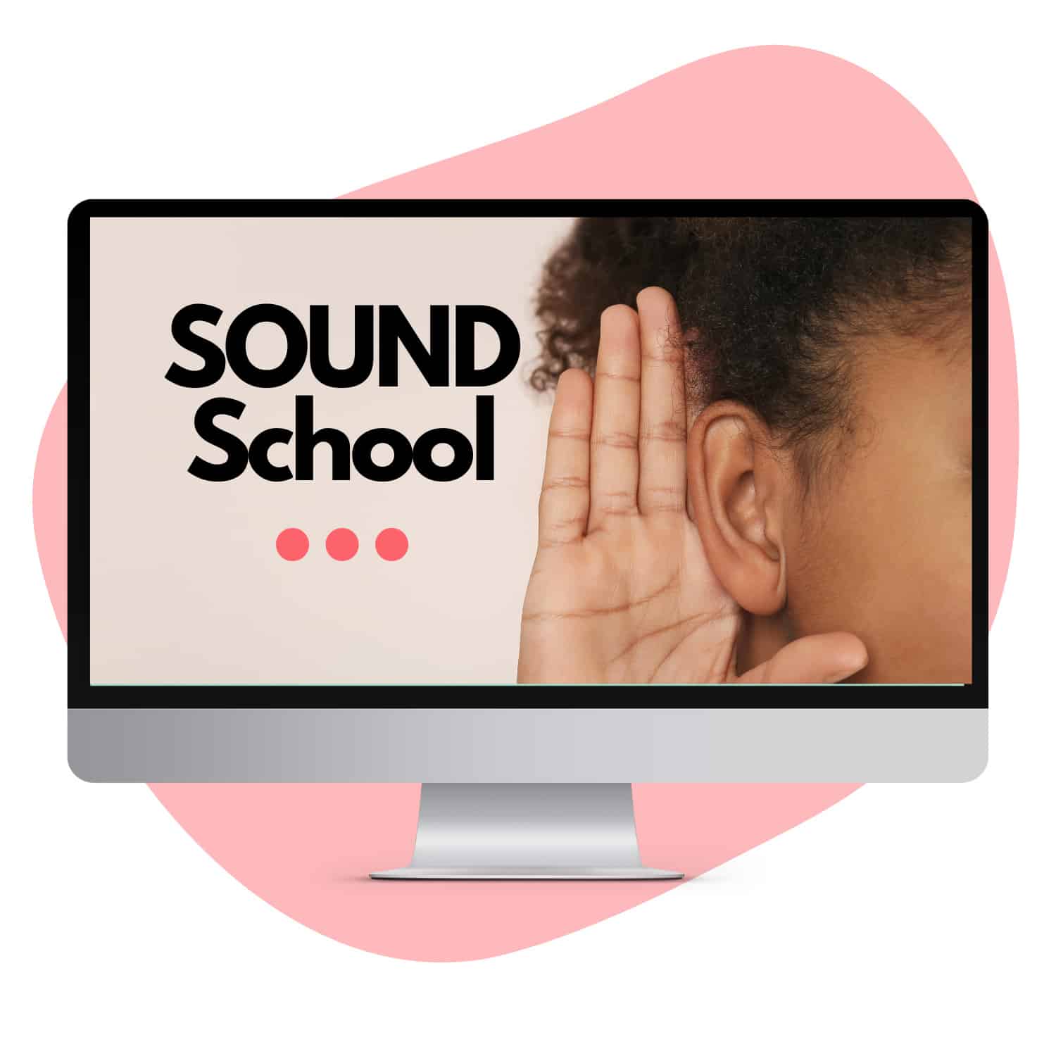 sounds school for parents to learn letter sounds like the short i sound vowel. Image has a pink background with the a computer monitor that displays a picture of a black girl with her hand to her ear.