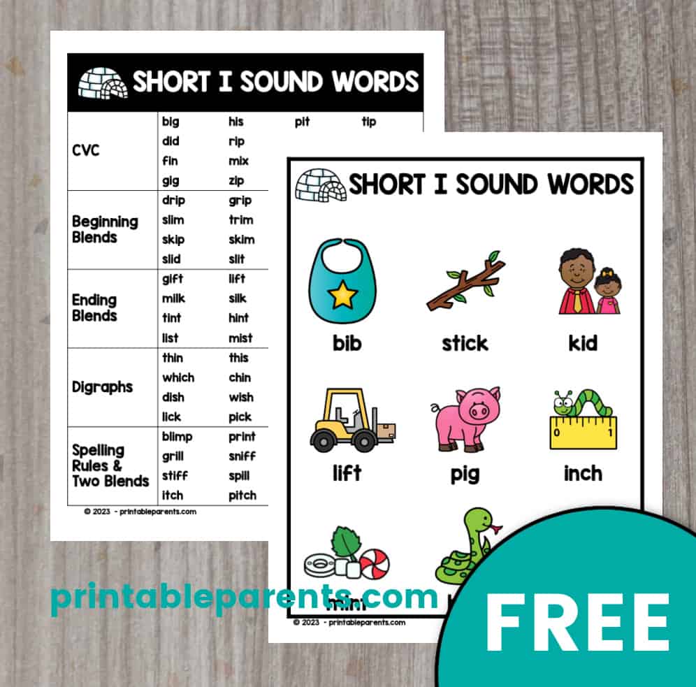 short i sound words list and picture chart with CVC words, blend words, digraph words, and spelling rules. A teal half circle has the word FREE in the lower right hand corner
