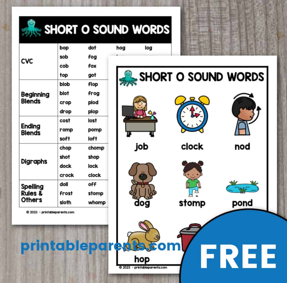 short o sound words list and picture chart with CVC words, words with blends, digraphs, and other spelling rules. Blue half circle in lower right corner says FREE in white text